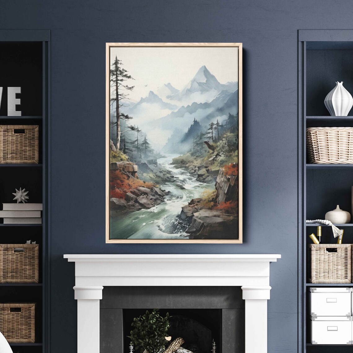 Foggy Watercolor Mountain River Wall Art Print Flowing Stream Peaceful Nature Cloudy Mountain Range Ready To Hang - Image 2