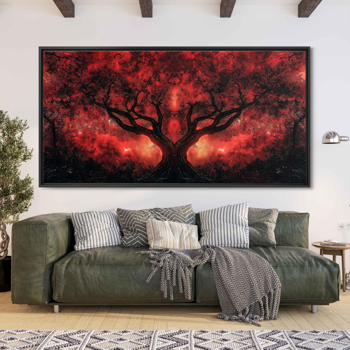 Giant Dark Tree Spreading Branches Scarlet Stormy Sky Art Poster