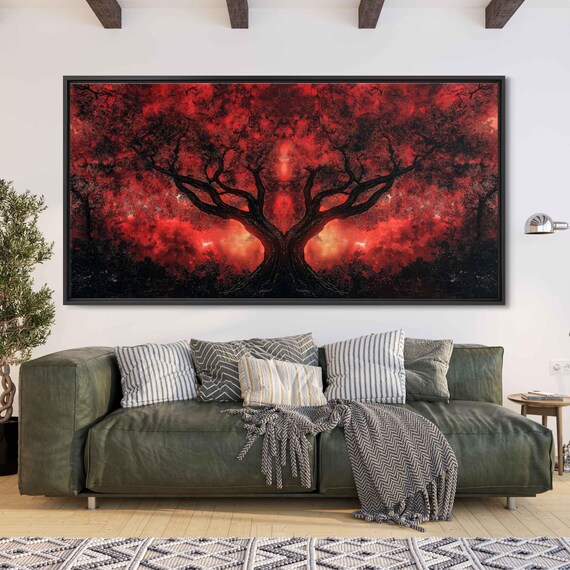 Majestic Metallic Trees Wall Art Print Under Fiery Scarlet Sky Fantasy Atmosphere