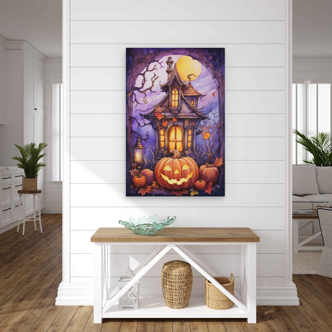 Halloween Haunted House Jack O Lantern Purple Moonlit Night Watercolor Poster - Image 4