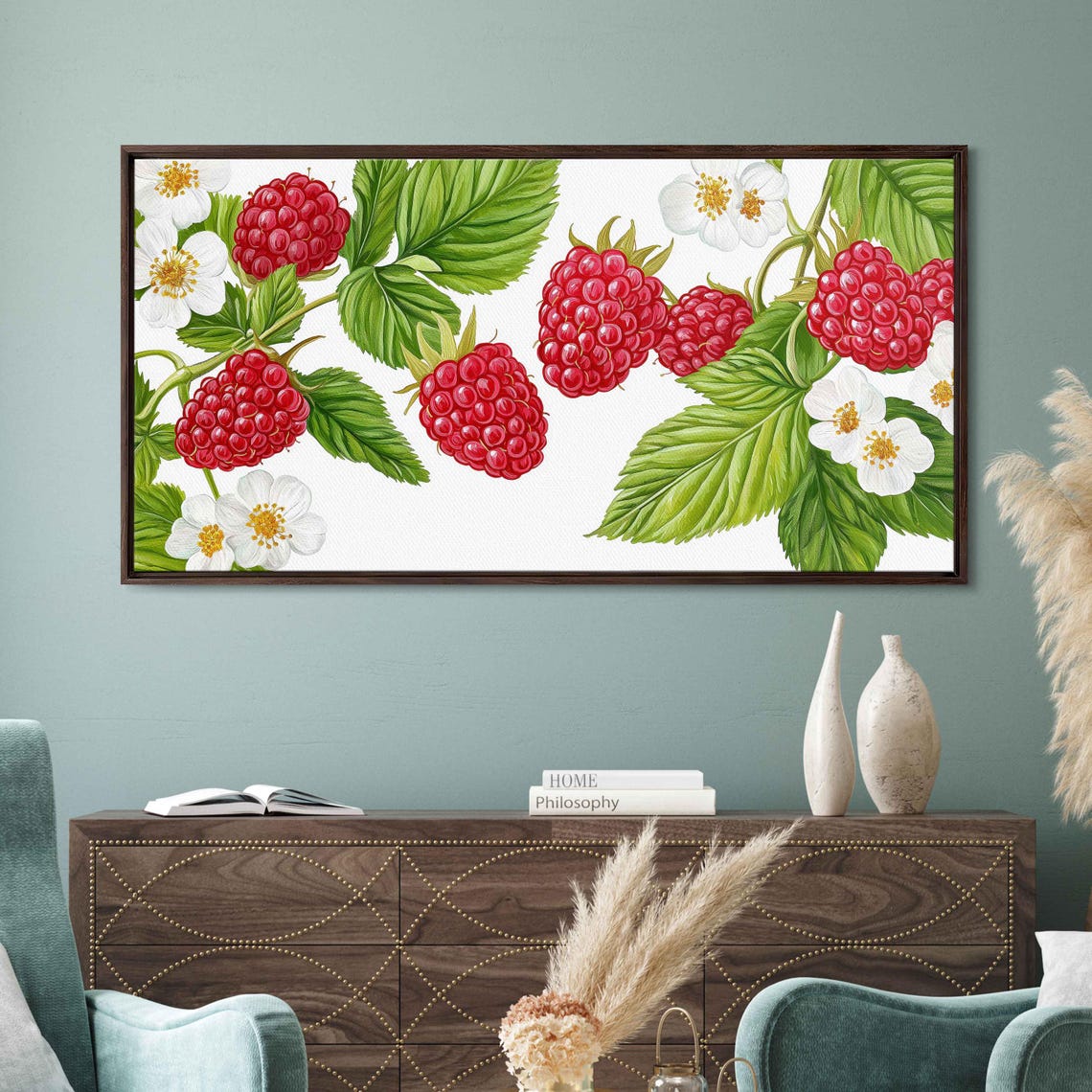 Ripe Red Raspberries White Blossoms Watercolor Kitchen Fruit Wall Art