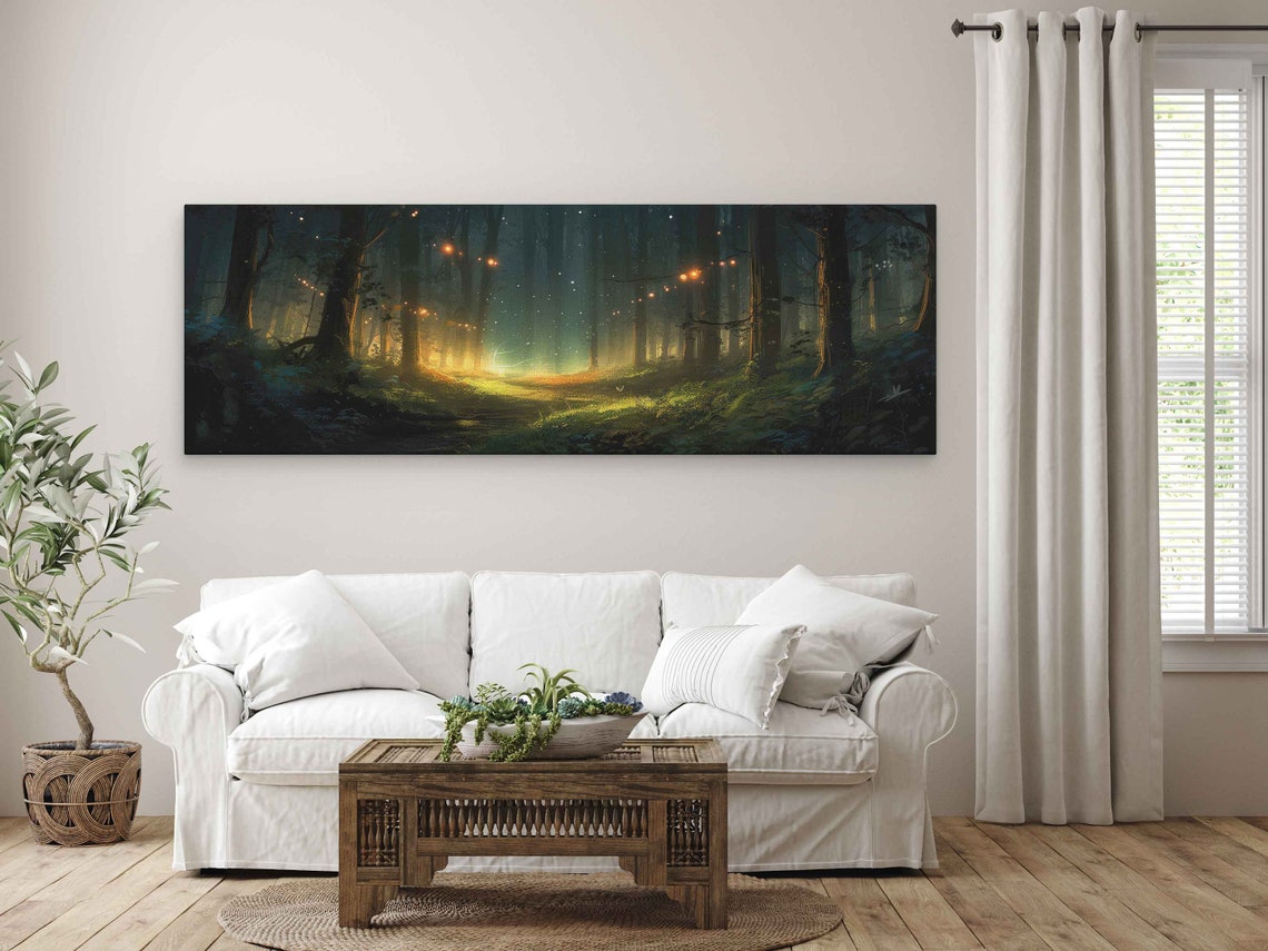 Enchanted Firefly Forest Night Glowing Panoramic Wall Art Poster - Image 4