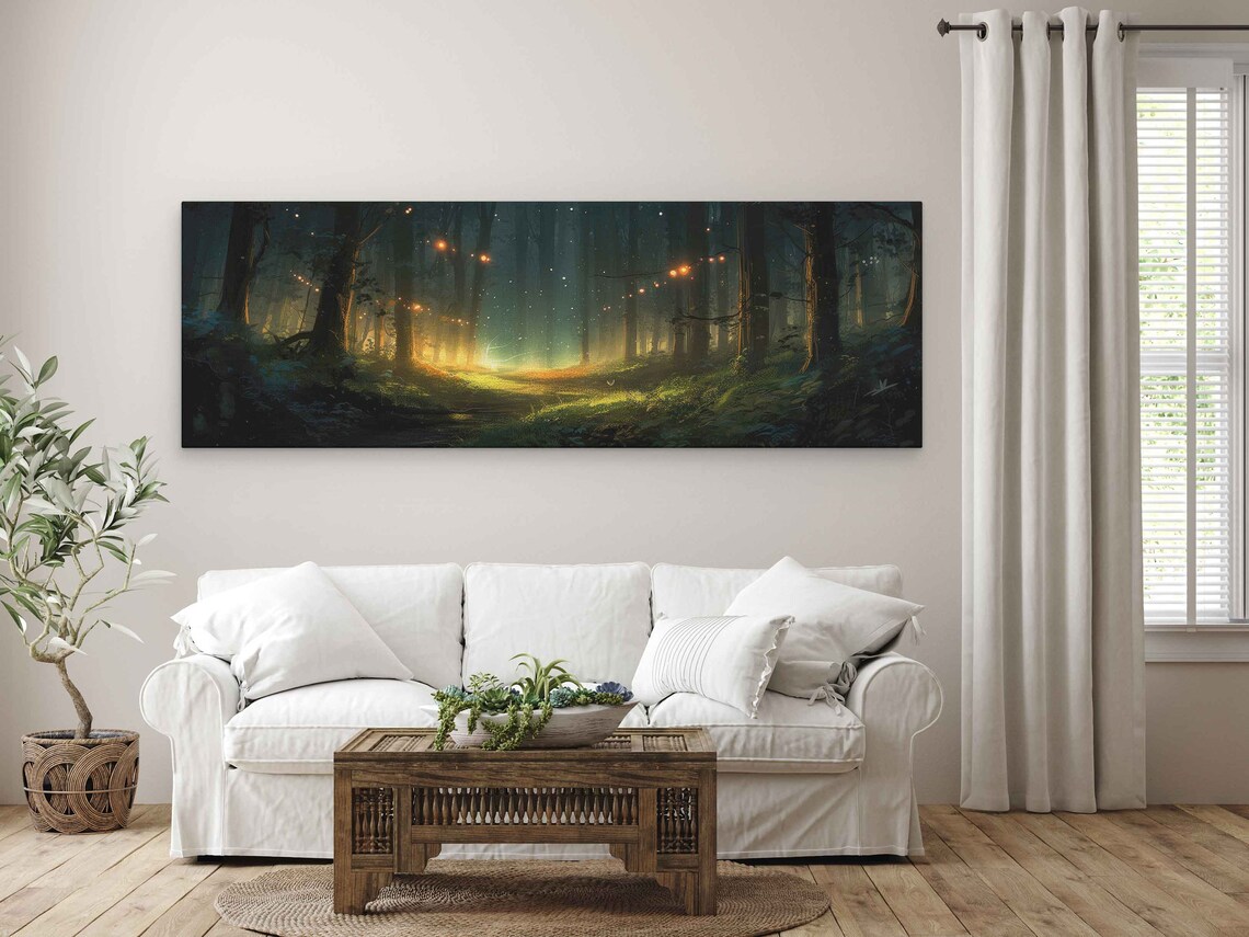 Stunning Enchanted Firefly Forest Panoramic Oil Painting Print On Ready To Hang Framed Option Bedroom Decor - Image 4
