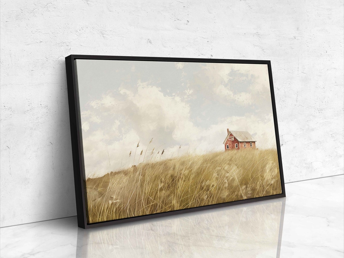 Distant Red Barn Wheat Field Hill Cloudy Sky Minimalist Farm Art - Image 4