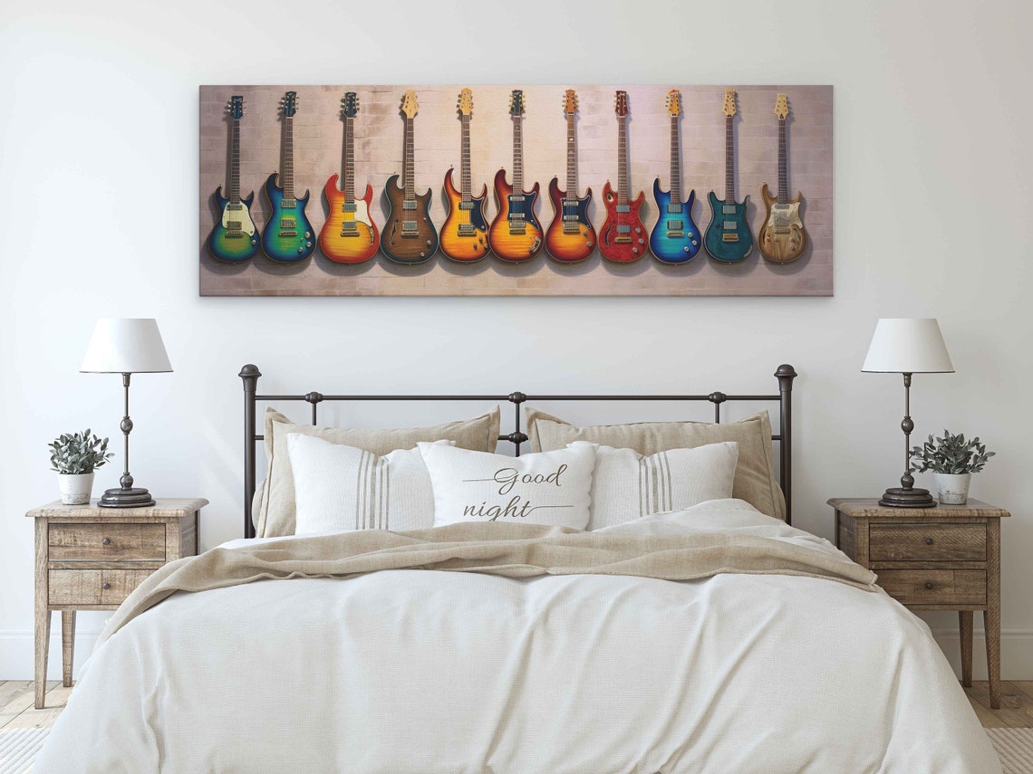 Colorful Electric Guitars Panoramic Lineup Against Brick Wall Print - Image 3