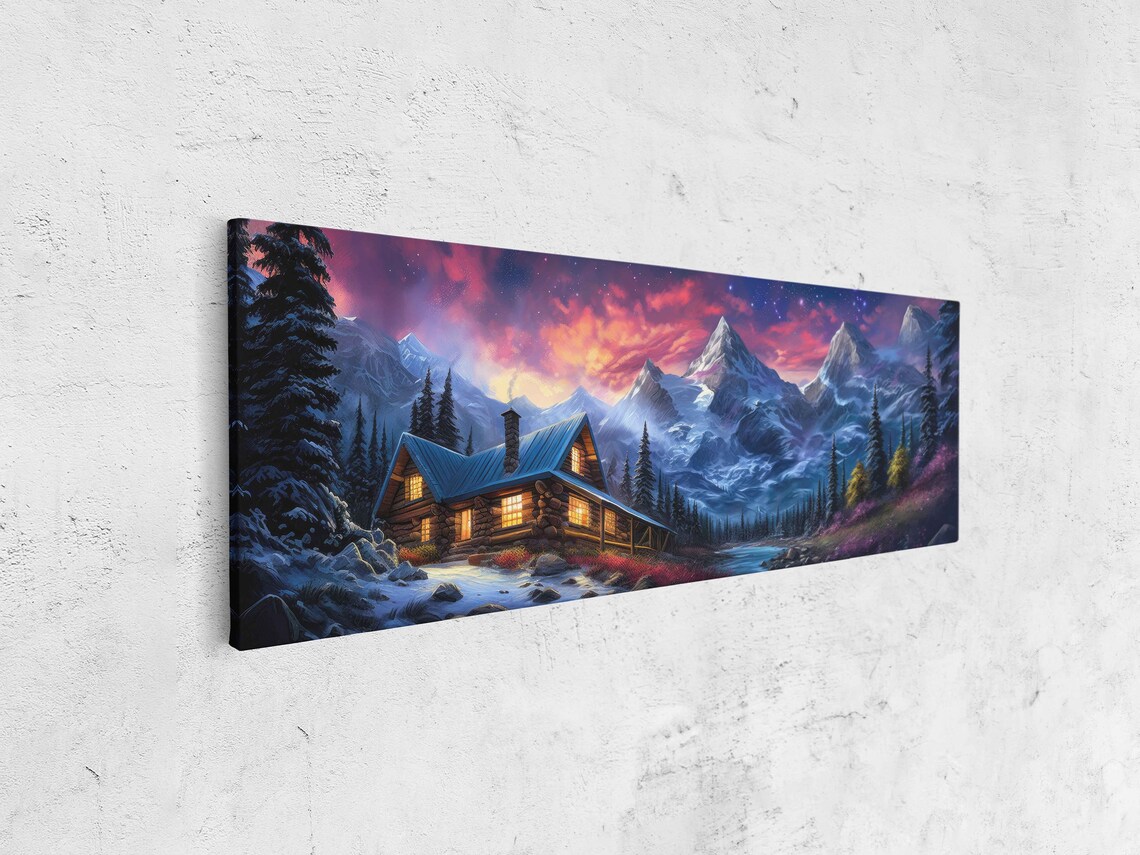 Log Cabin Night Purple Pink Starry Sky Snowy Mountains River Art Poster - Image 4