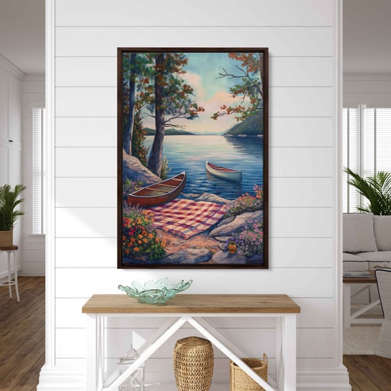 A Quaint Lakeside Picnic Scene Painting Wooden Canoe Boats Wall Art Print