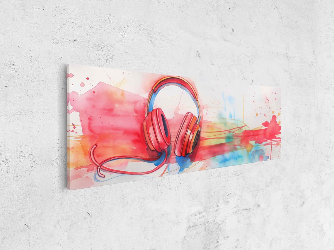 Red Headphones Watercolor Splashes Pink Blue Panoramic Wall Poster - Image 4