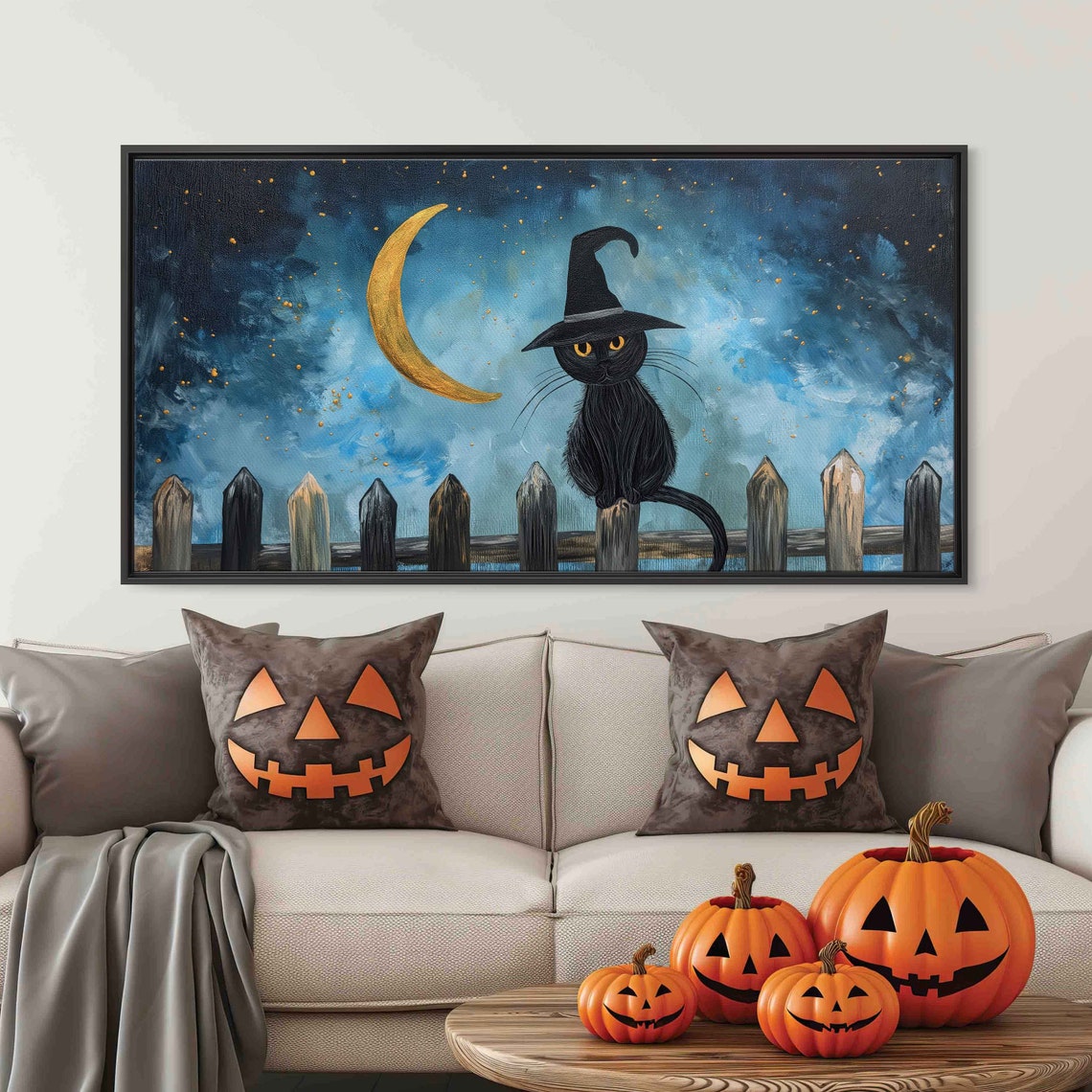 Black Cat in Witch Hat on Fence Crescent Moon Starry Night Wall Art - Image 3