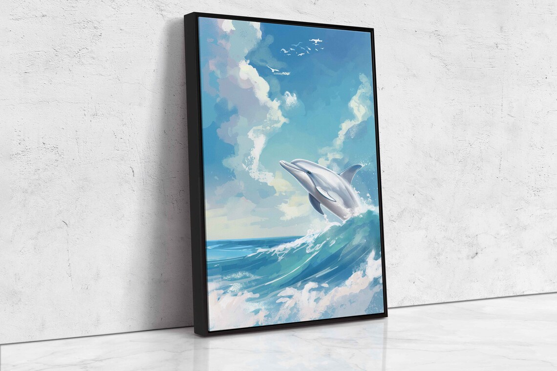 Dolphin Jumping Out Of The Water Wall Art Print Aquatic Animal Poster Ocean Painting Lake House Decor Ready To Hang - Image 4