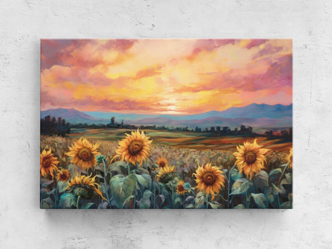 Sunflower Field at Sunset, Oil Painting Art Print