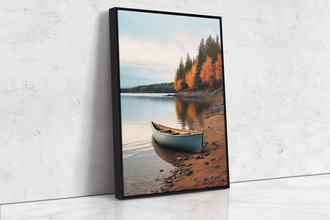 Rustic Canoe Peaceful Lakeshore Autumn Forest Reflections Calm Nature Poster - Image 4
