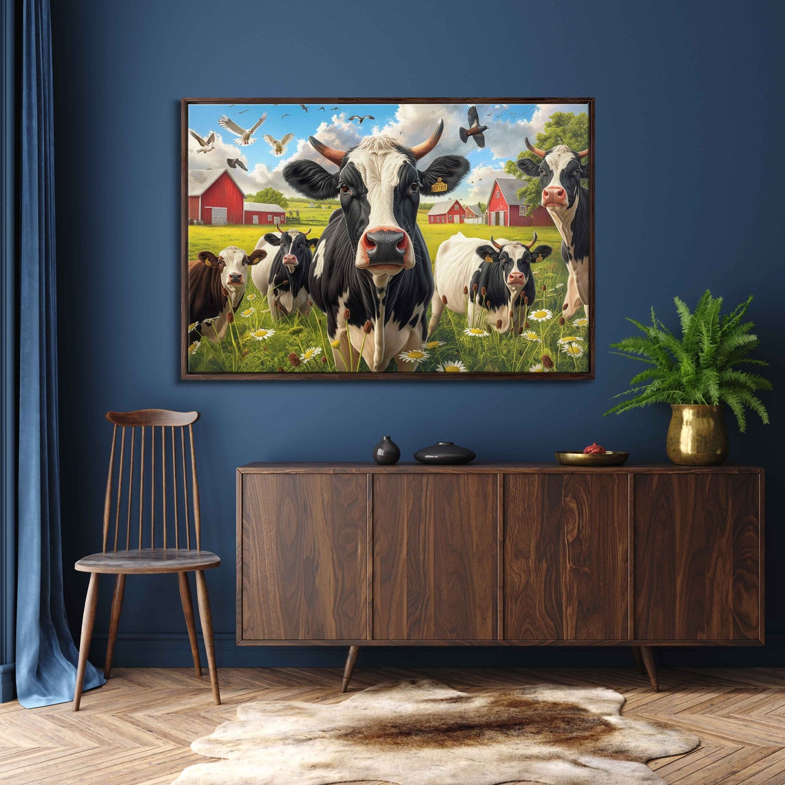 Curious Cow Herd Daisy Meadow Red Barns Summer Day Painting Poster - Image 3