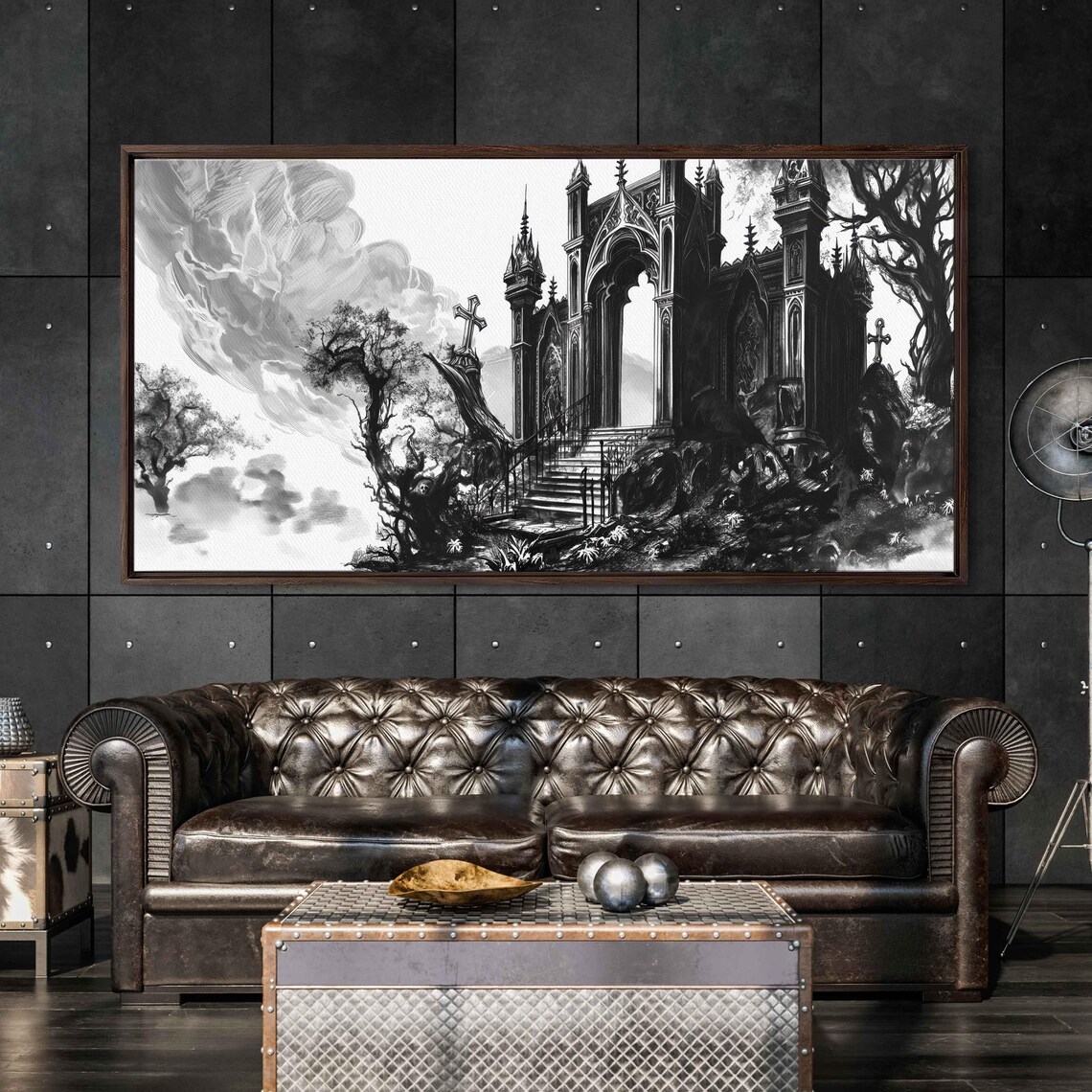 Gothic Ruined Tomb Chapel Pointed Arches Twisted Trees Ink Halloween Poster - Image 3