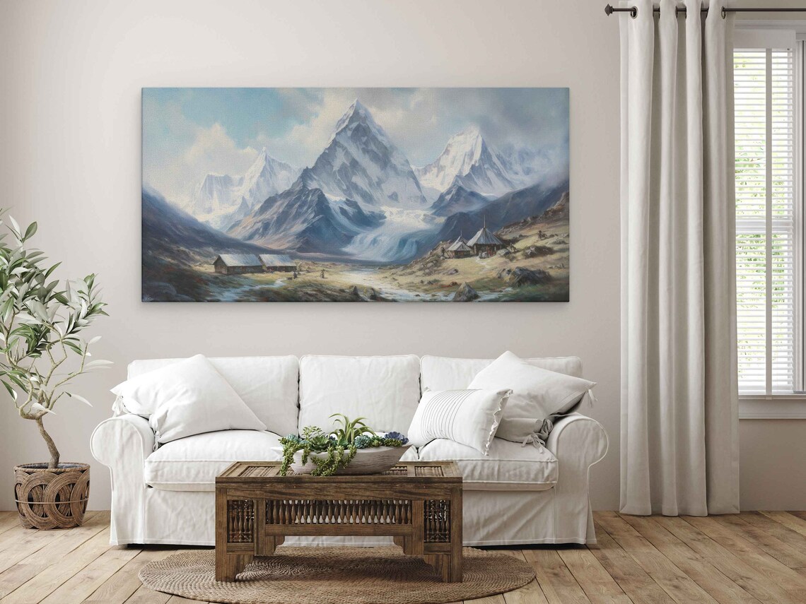 Snow Capped Mountain Village Valley Oil Painting Travel Poster - Image 3