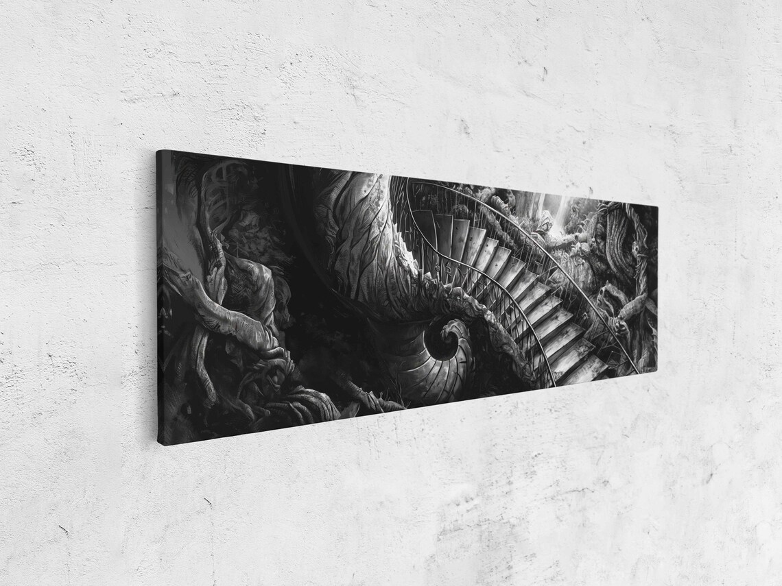 Gothic Spiral Staircase Twisted Roots Ghostly Figures Ink Art Halloween Poster - Image 4