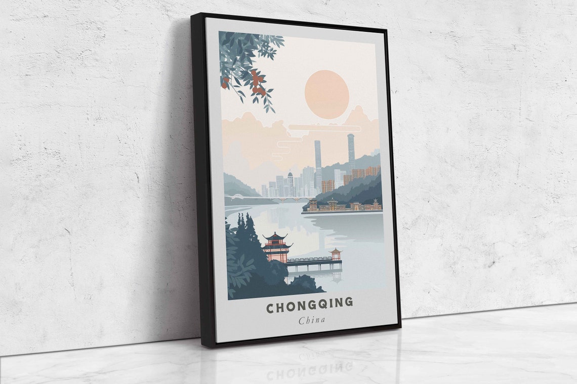 Chongqing China Riverside Pavilion Skyline Minimalist Travel Poster - Image 2