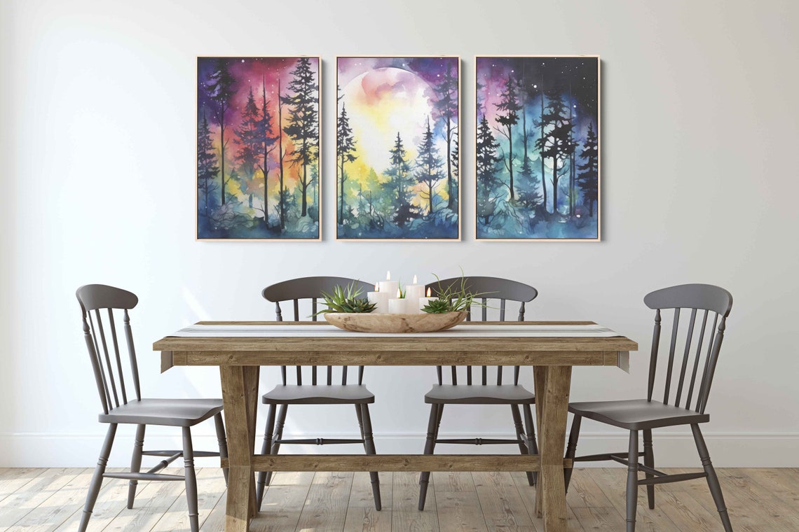 Moonlit Forest Triptych Watercolor Full Moon Pines Night Wall Art - Image 3