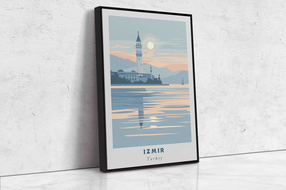Izmir Turkey Seaside Mosque Minaret Sailboat Sunset Travel Poster - Image 2