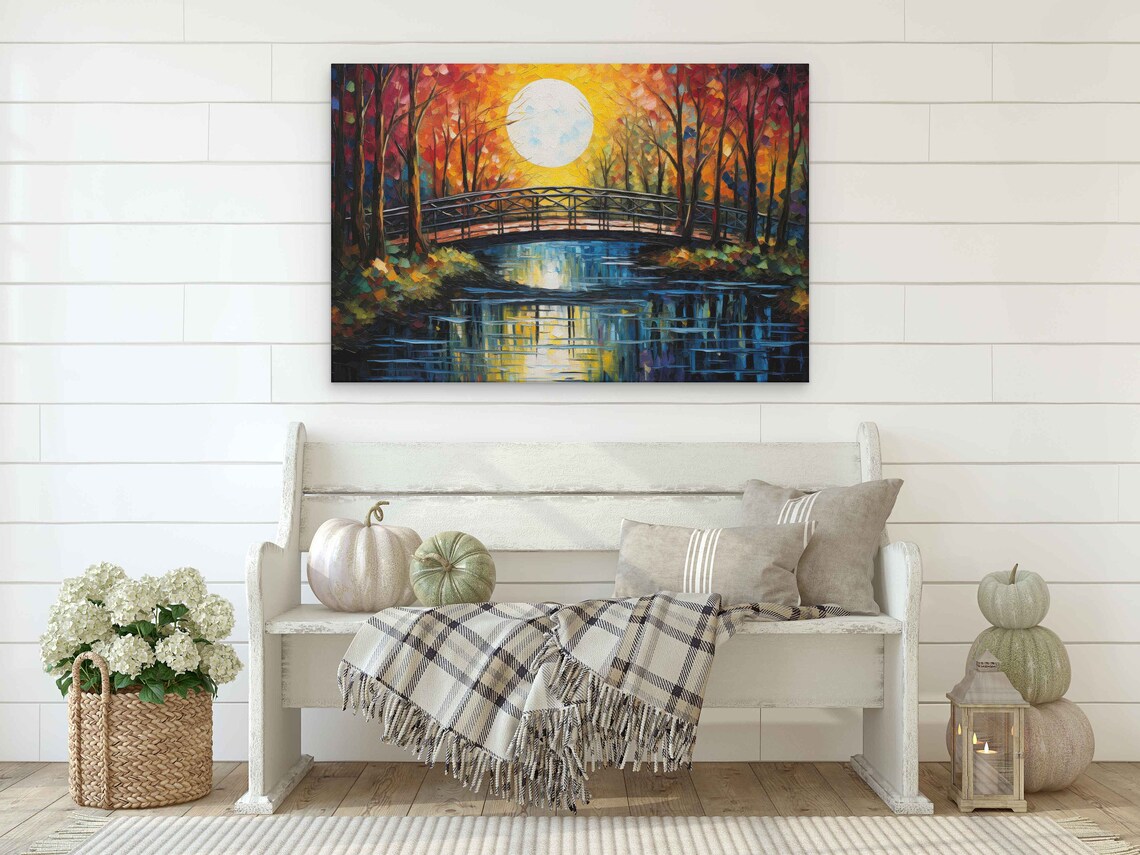 Colorful Bridge Over River Sunset Autumn Palette Knife Painting Poster - Image 2