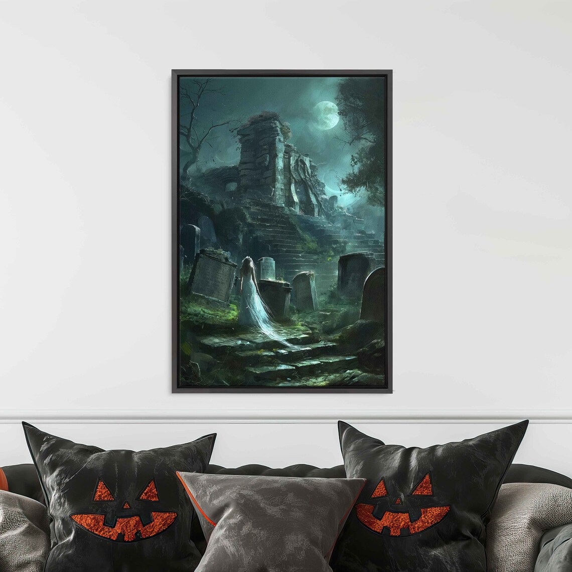 Ghostly Bride Haunted Cemetery Moonlit Ruins Eerie Night Art Poster