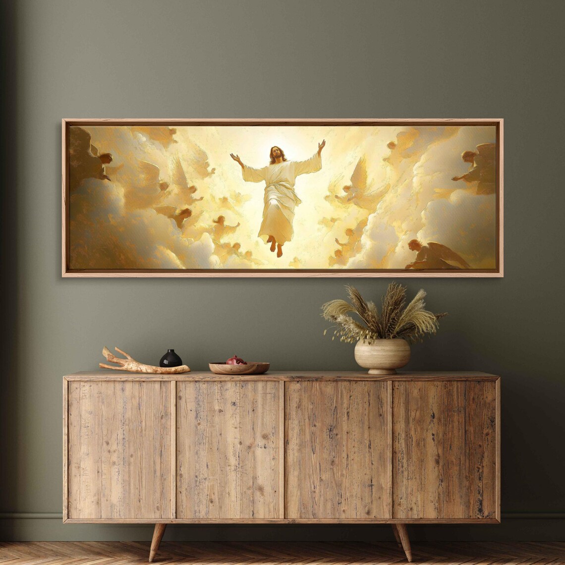 Jesus Ascending Among Angels In Golden Clouds Panoramic Art Poster - Image 3