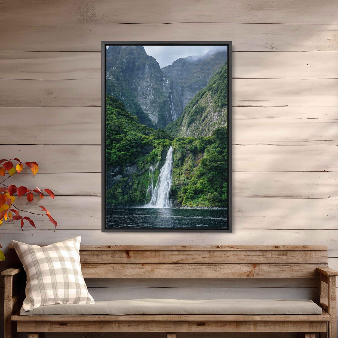 Serene Waterfall Lush Greenery Tranquil Lake Mountain Range Cloudy Skies Wall Art Print Ready To Hang - Image 4
