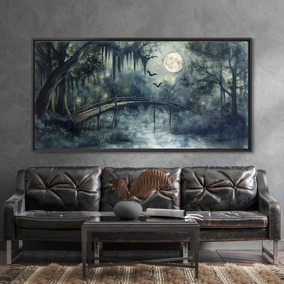 Creaky Old Wooden Bridge Spanning Over Misty Swamp Wall Art Print Moonlit Enchanted Foggy Marsh Ready To Hang