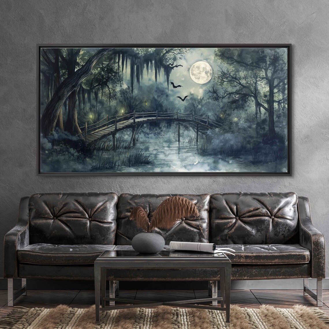 Old Wooden Bridge Moonlit Misty Swamp Foggy Night Halloween Print