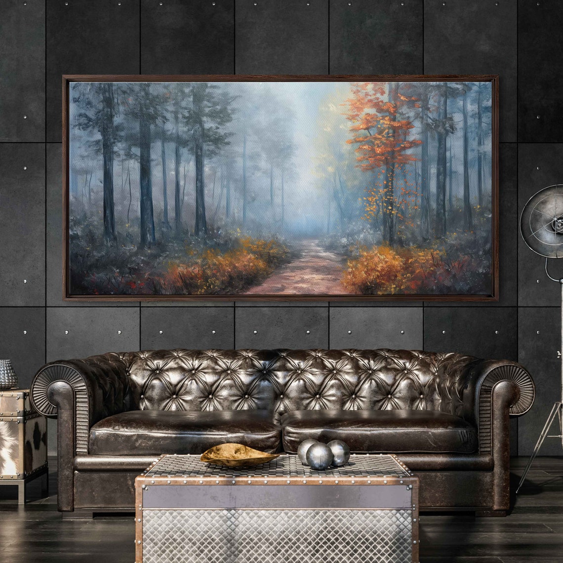 Misty Morning Forest Path With Tall Trees And Fall Foliage Art Poster