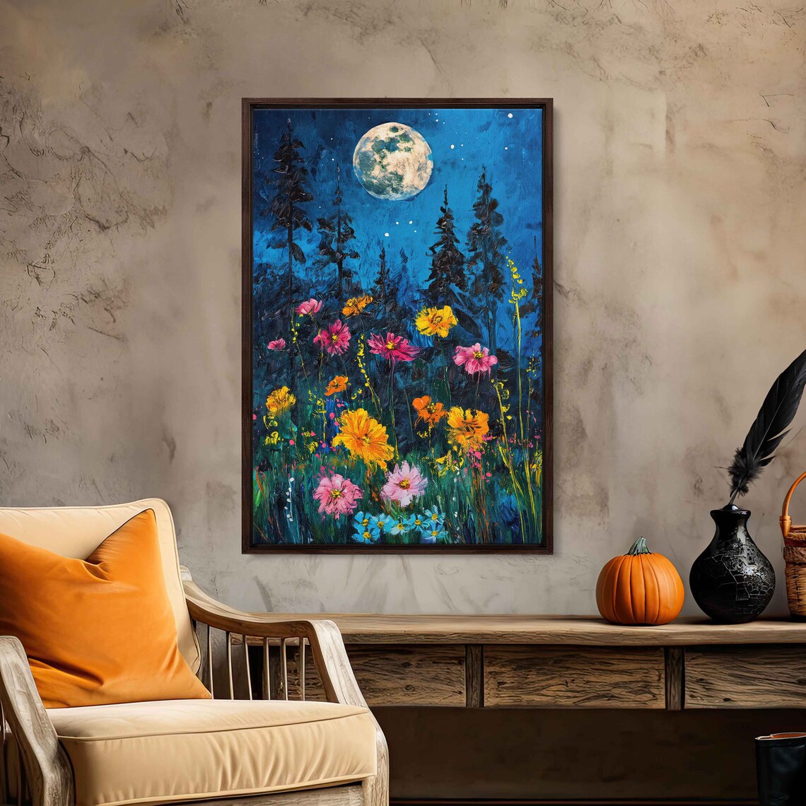 Full Moon Pink Cosmos Wildflowers Starry Night Garden Painting Art Poster - Image 2