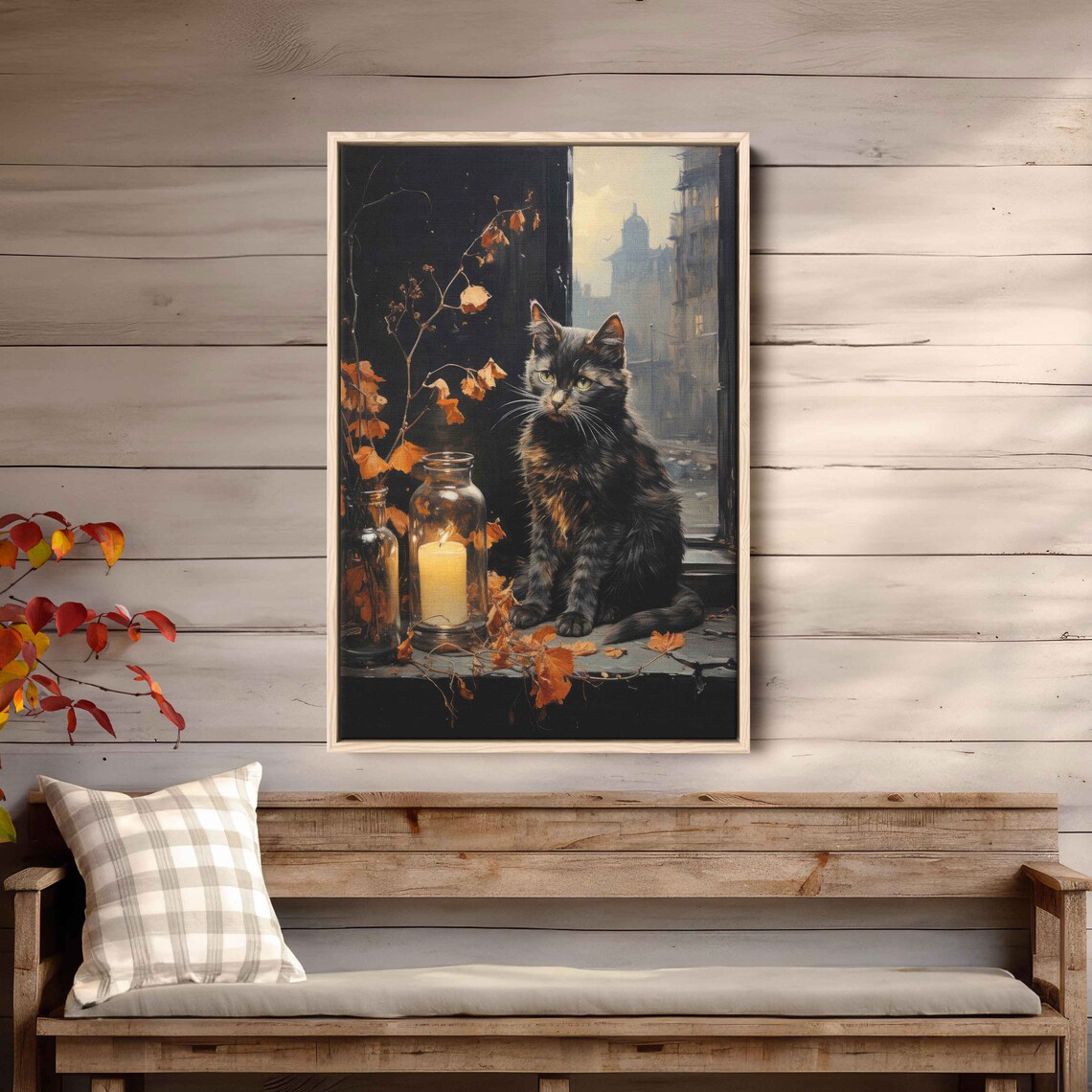 Black Cat On Windowsill Candle Autumn Leaves Cozy Painting Print - Image 3