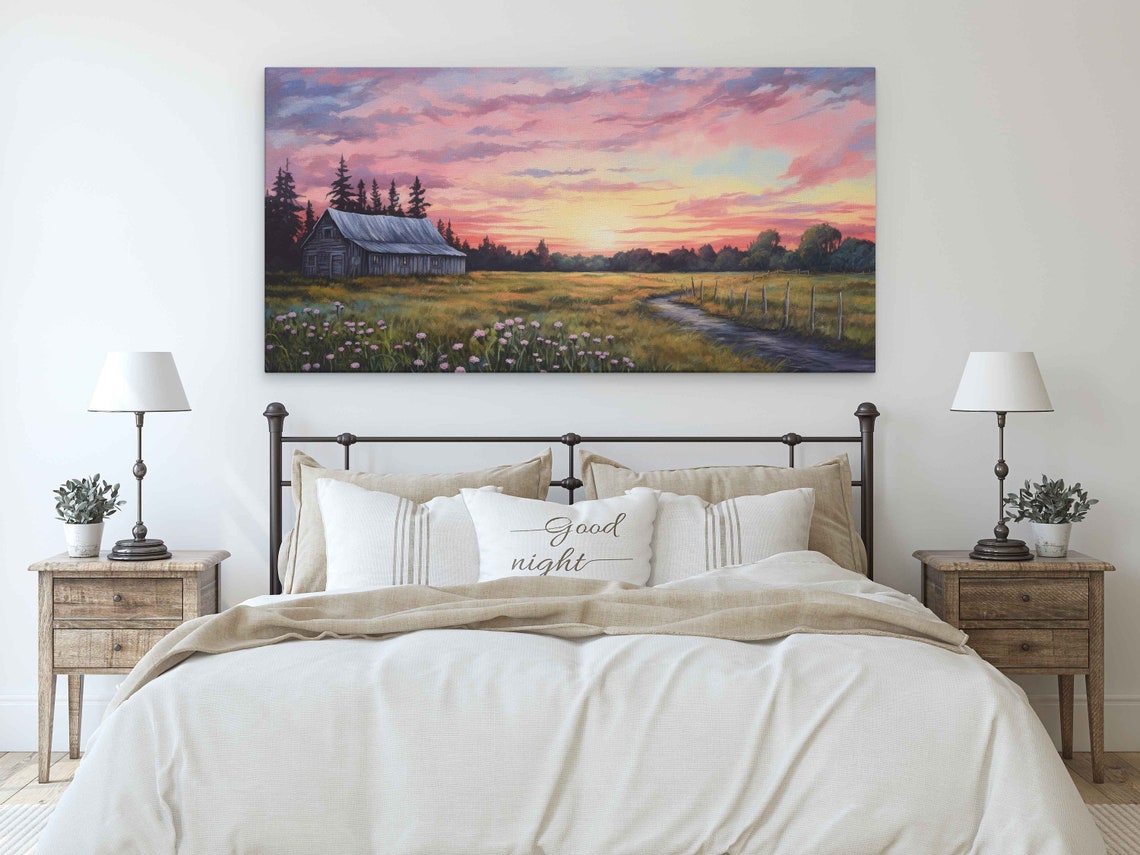 Rustic Farm Land Panoramic Oil Painting Framed Print Ready To Hang - Image 3