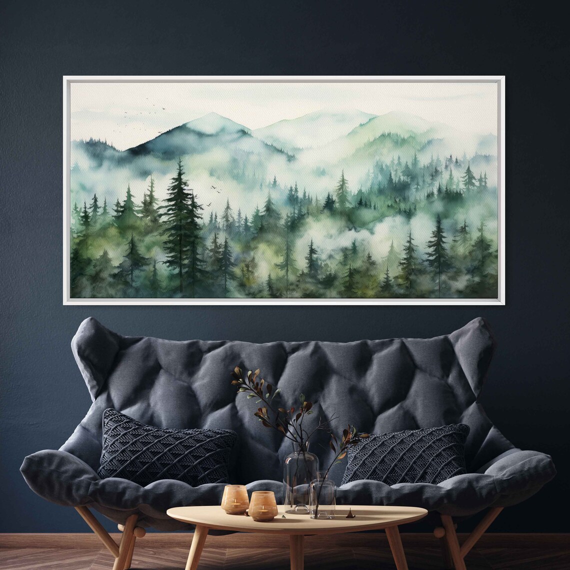 Foggy Green Mountains Pine Forest Watercolor Misty Peaks Poster - Image 2