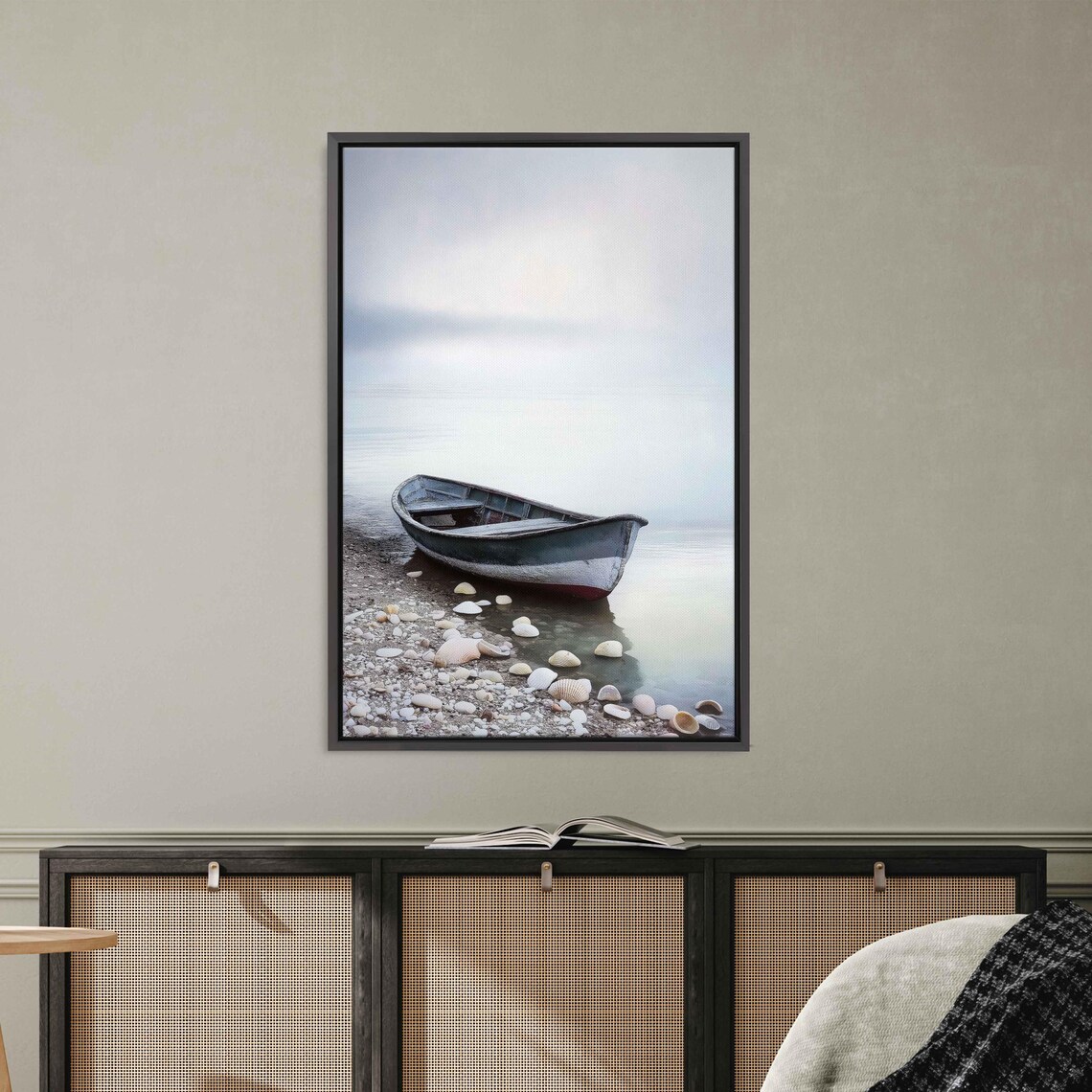 Vintage Wooden Boat Misty Shore Pebbles Foggy Morning Coastal Art Poster