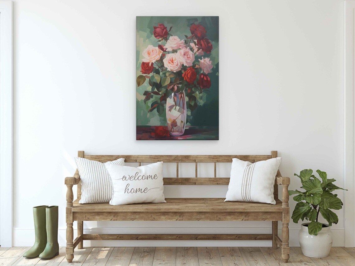 Blush And Red Roses In Glass Vase Impressionist Oil Painting Print - Image 3