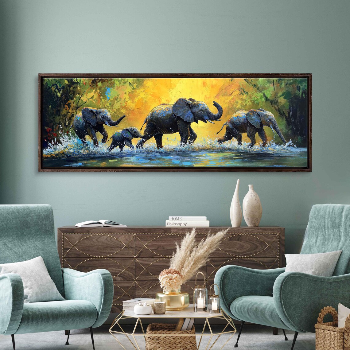Elephant Family Crossing River Golden Sunset Wildlife Painting Poster - Image 3