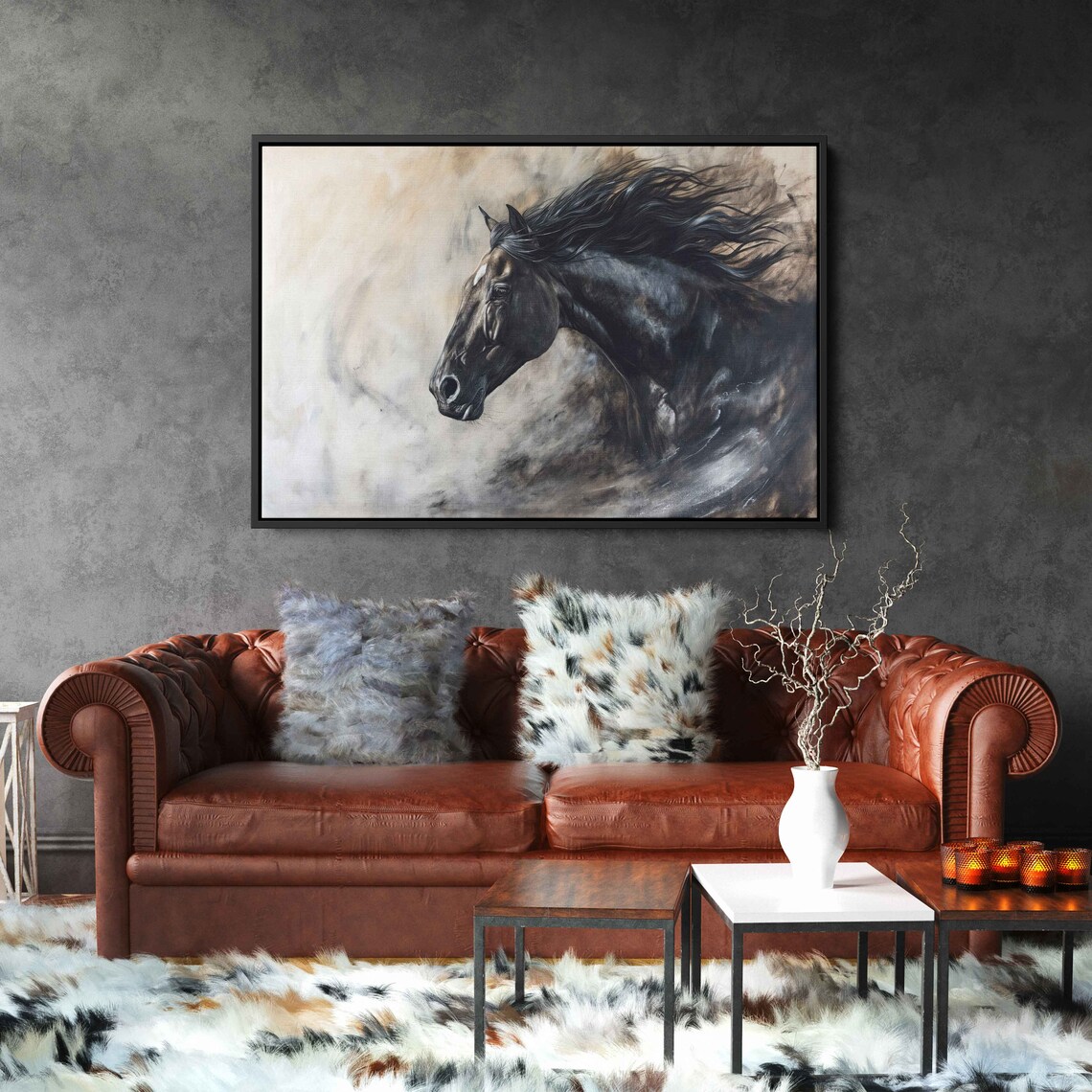 Black Horse Head Portrait Smoky Mist Dramatic Equine Painting Poster