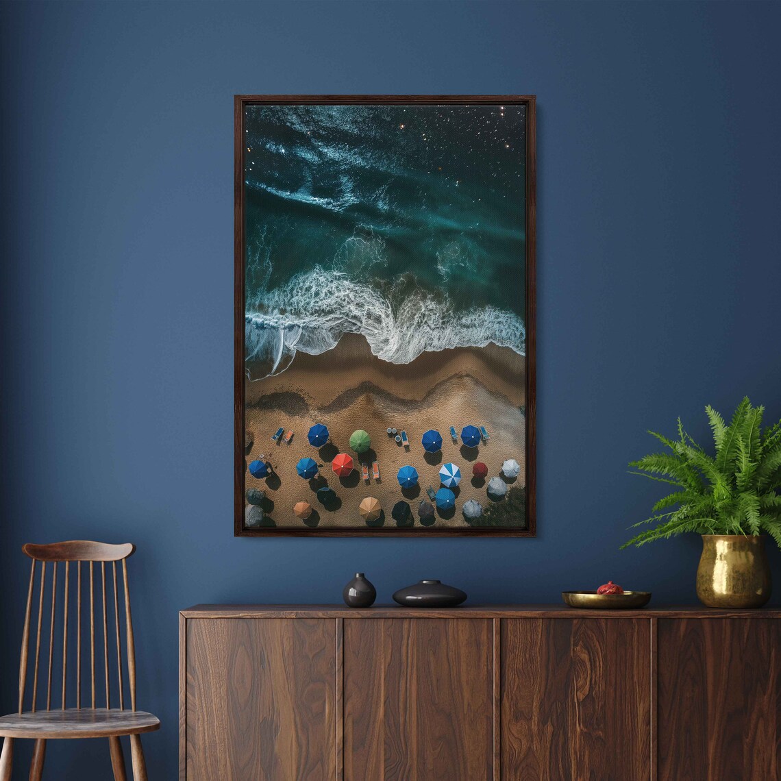 Aerial Night Beach Waves Colorful Umbrellas Under Starry Sky Poster