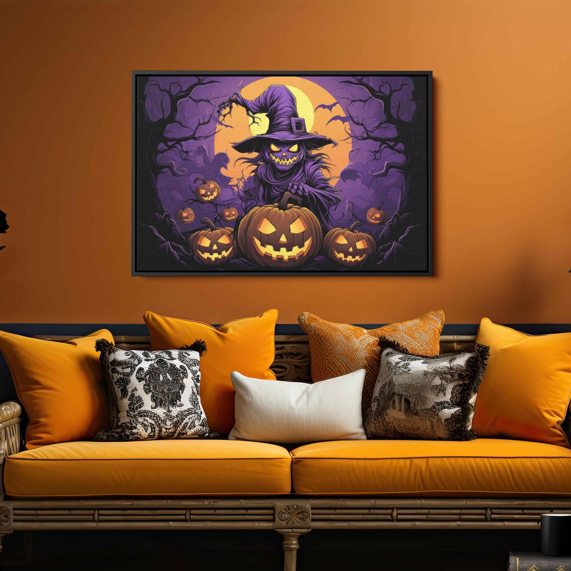 Scary Witch Jack O Lanterns Orange Moon Haunted Night Wall Art