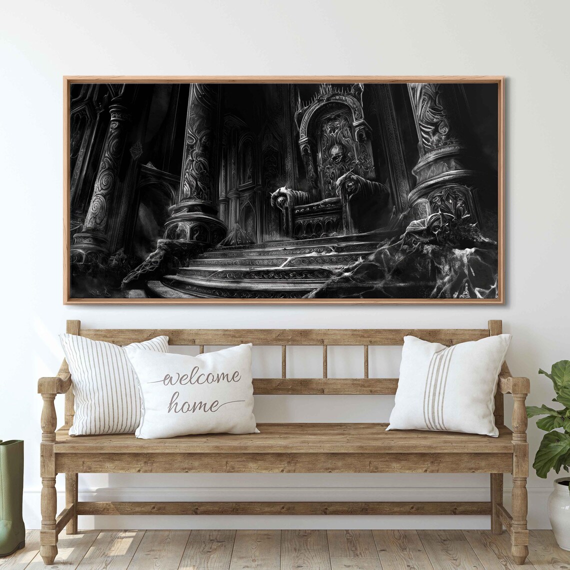 Gothic Throne Room Dark Castle Ornate Pillars Ink Art Halloween Wall Poster - Image 3