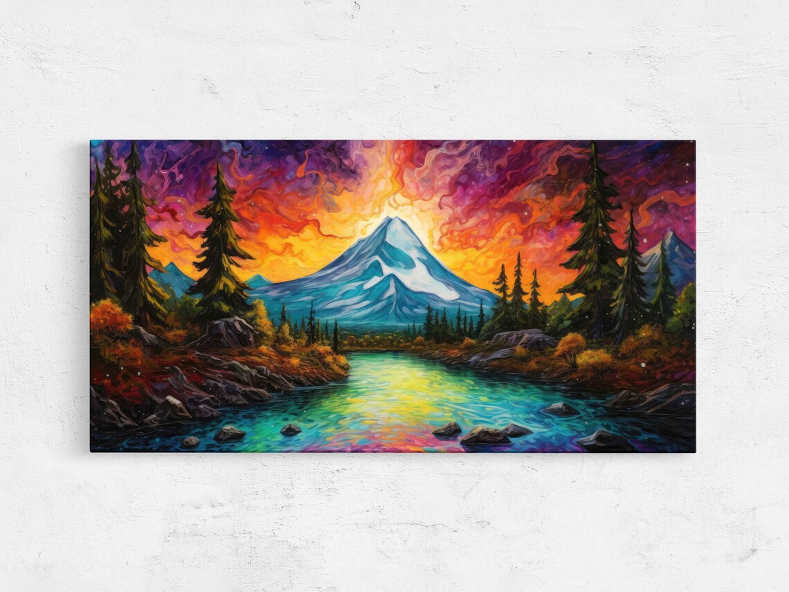 Colorful Neon Volcano Painting Framed Print Ready To Hang Mountain Range Art