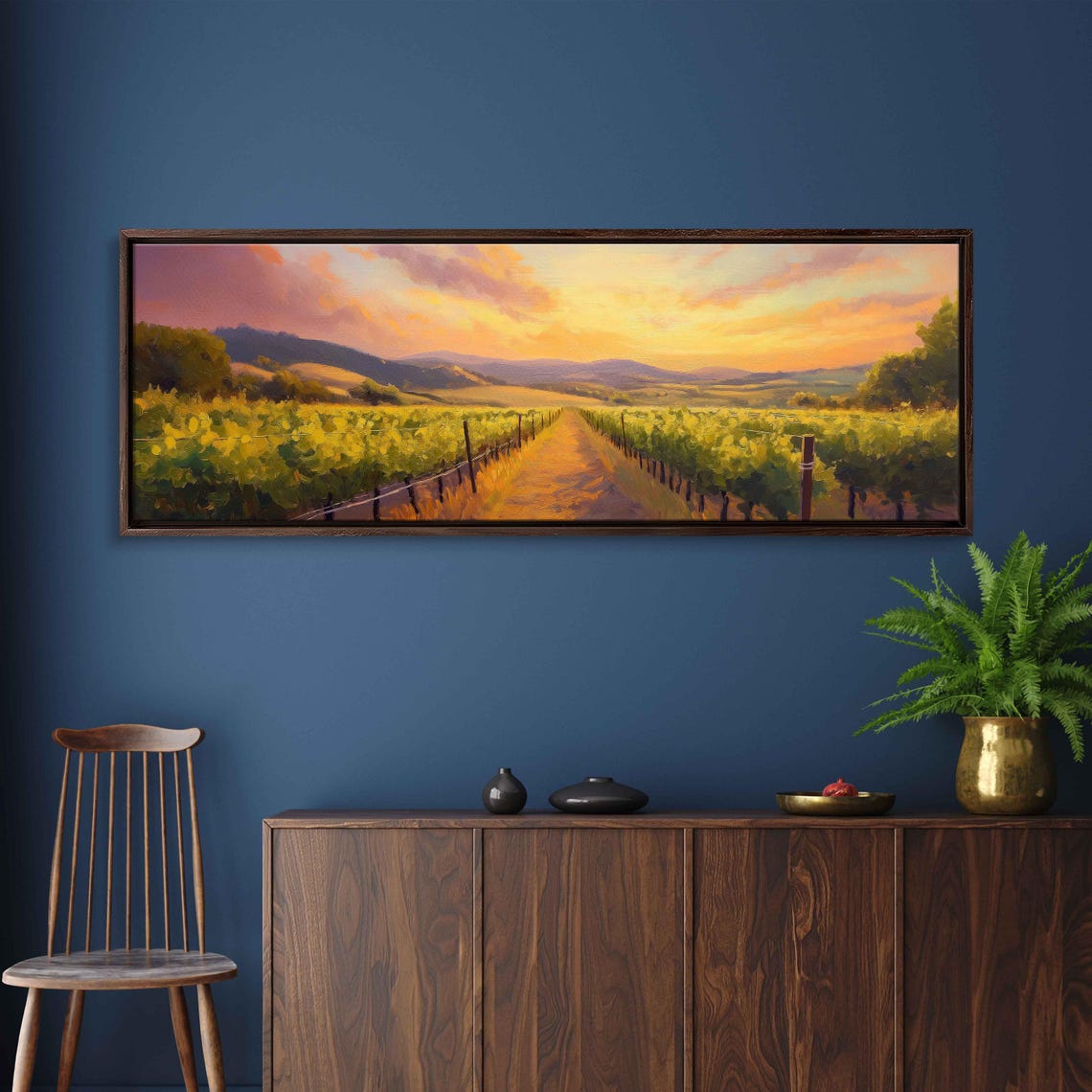 Golden Sunset Vineyard Rows Panoramic Wine Country Landscape Poster