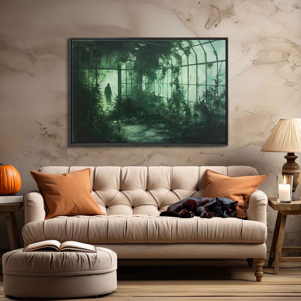 Ghostly Figure In Overgrown Greenhouse Green Fog Dark Botanical Print - Image 3