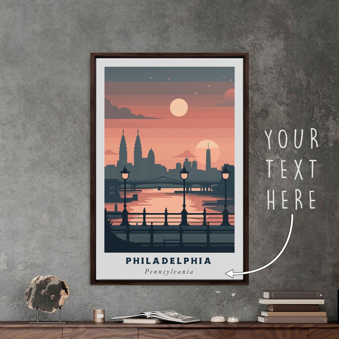 Philadelphia Pennsylvania Skyline River Lamp Sunset Travel Poster
