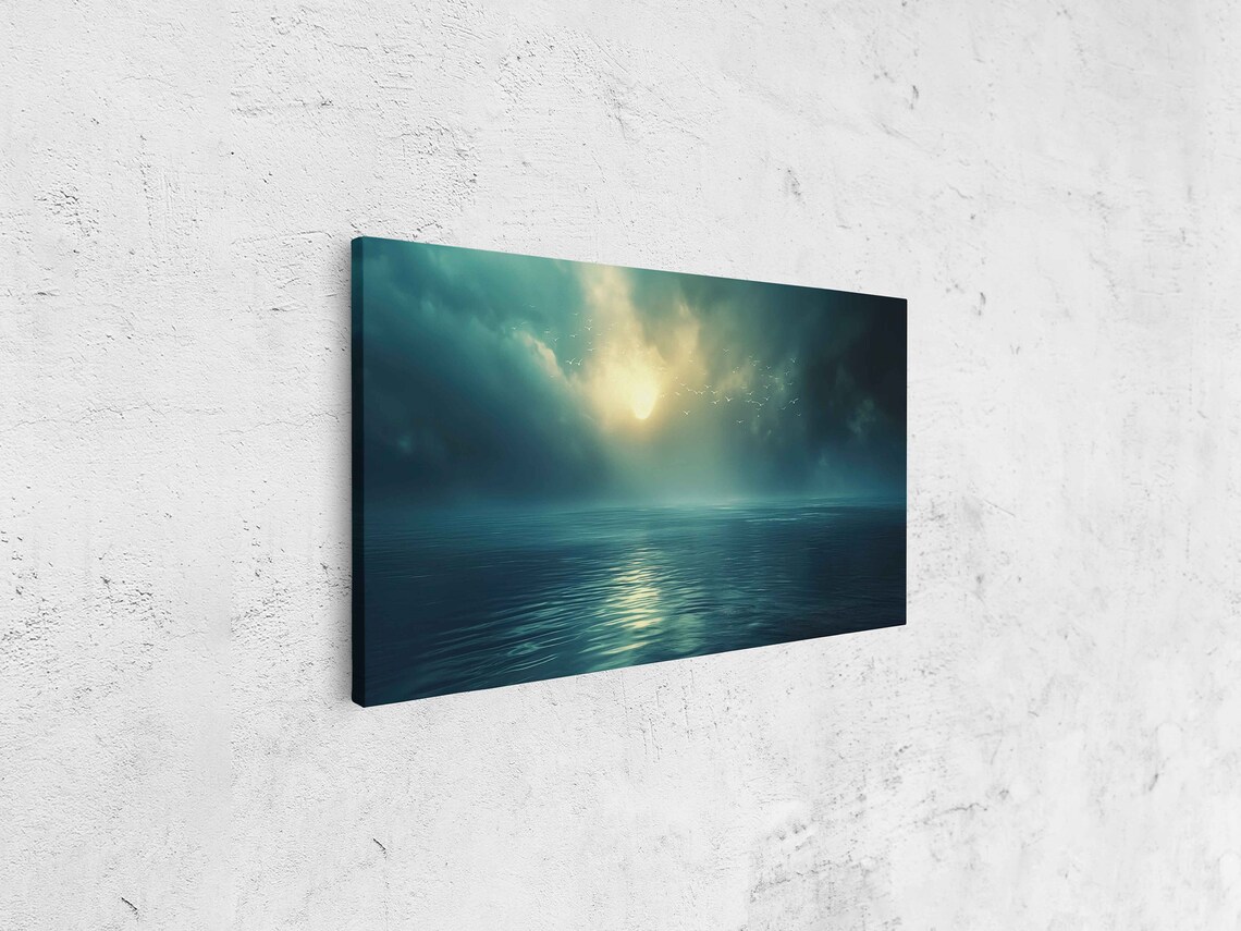 Moody Dark Ocean Night Sky Breaking Light Seabirds Soaring Dramatic Art Poster - Image 4