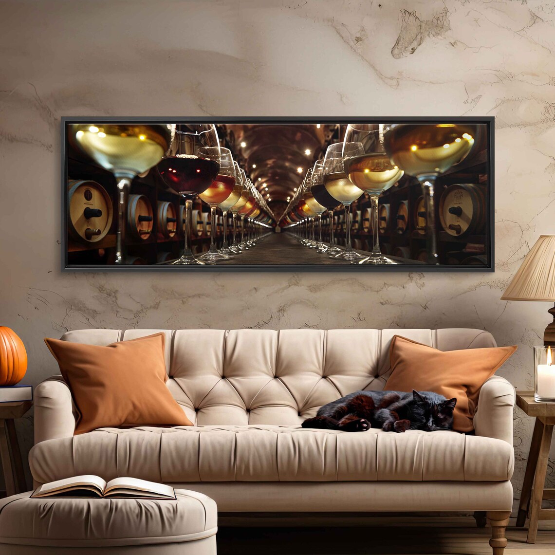 Wine Cellar Barrels Glasses Rows Warm Tunnel Light Panoramic Photo Poster - Image 3