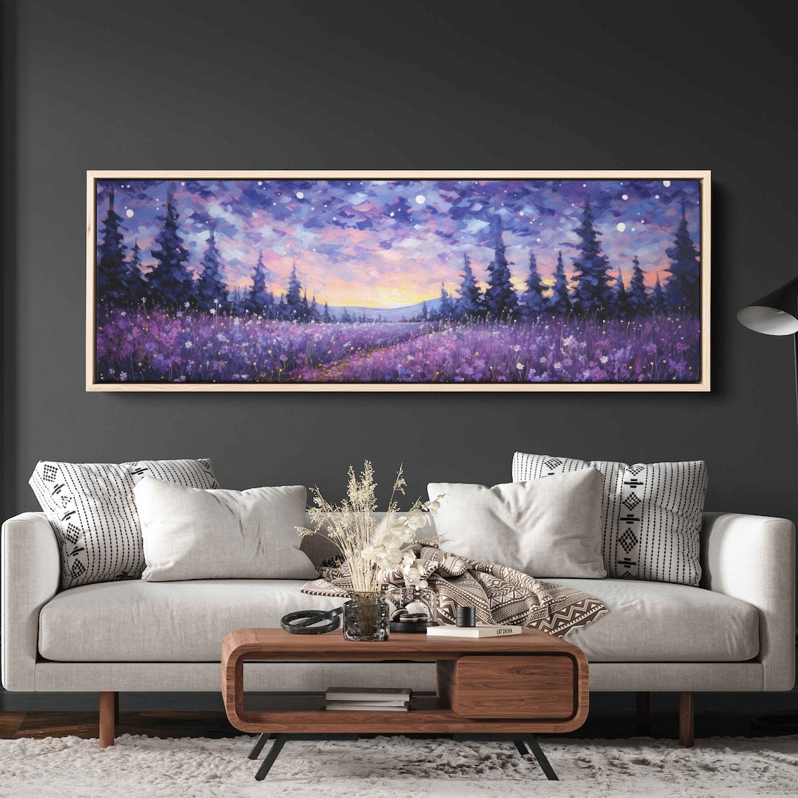 Lavender Field Starry Night Sky Pine Forest Purple Panoramic Painting Poster - Image 2