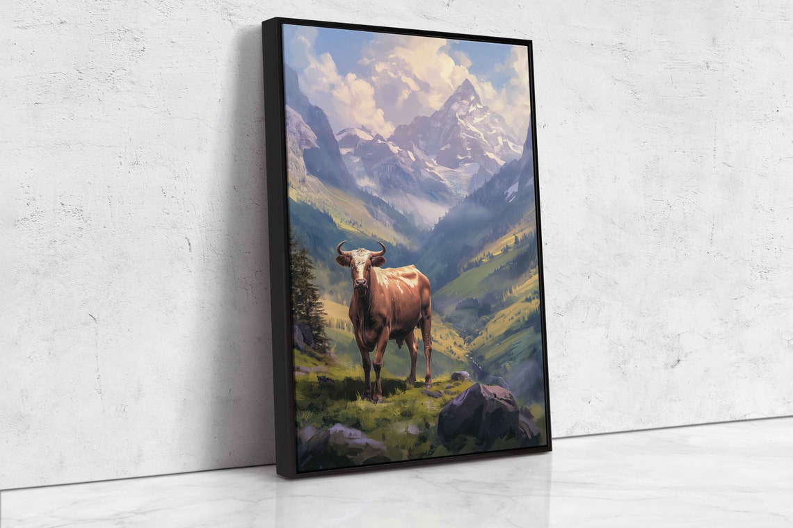 Longhorn Steer In Snowy Alpine Valley Mountain Meadow Poster - Image 4