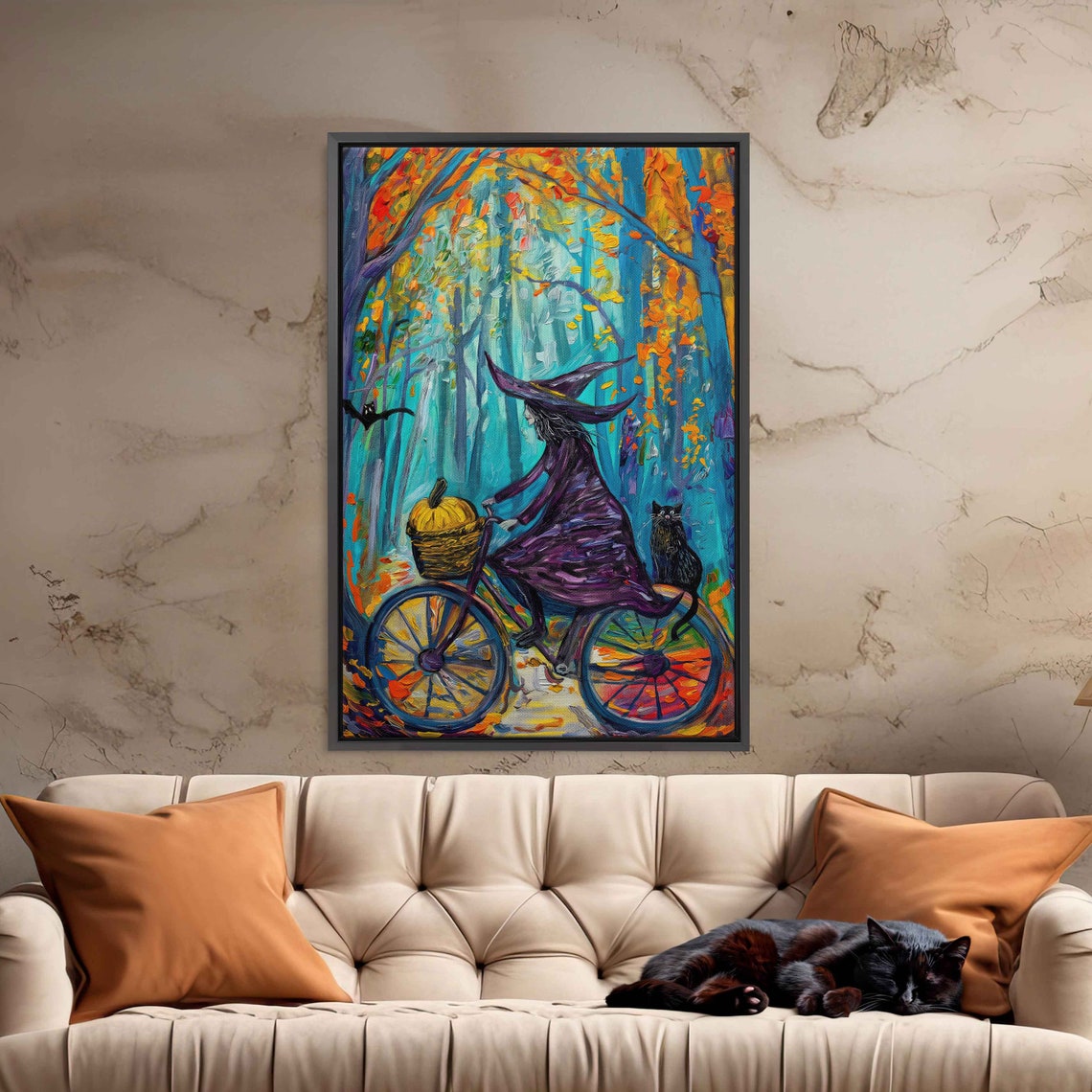 Witch Riding Bicycle Vibrant Autumn Forest Black Cat Colorful Poster